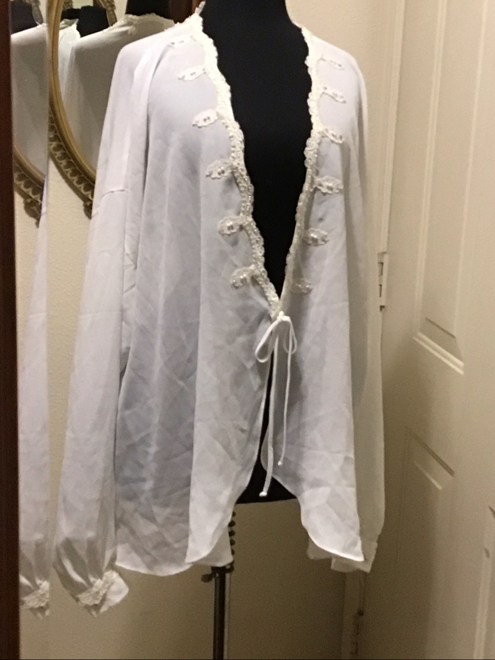 Sheer White Lace-Trim Tie-Front Robe - Women's Lightweight Lounge Cover-Upa